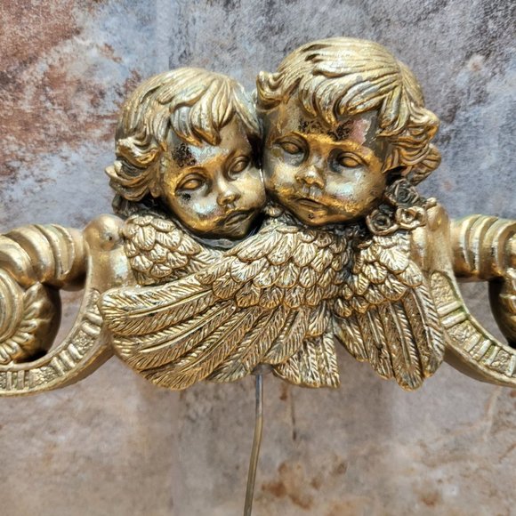 VTG Double Angel Cherub Stand Stake Decor Distressed Gold Paint Angel Chalkware